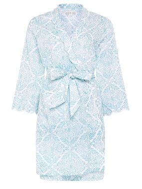 NWOT Heidi Carey Ice Blue Filigree Scallop-Trim Printed Robe Short Length Size M